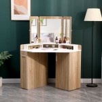 Corner Vanity Dressing Table & Trifold Mirror Natural White-6961066 BOUDOIR LUXURY COLLECTION