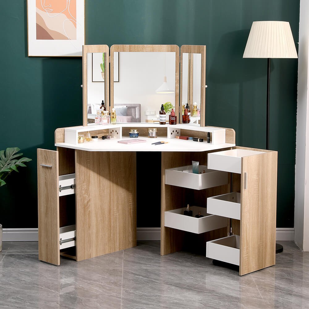 Hironpal Corner Vanity Set with Mirrors, Makeup Vanity Dressing Table with  5 Storage Drawers, Desk Vanity for Small Spaces, Black - Walmart.com